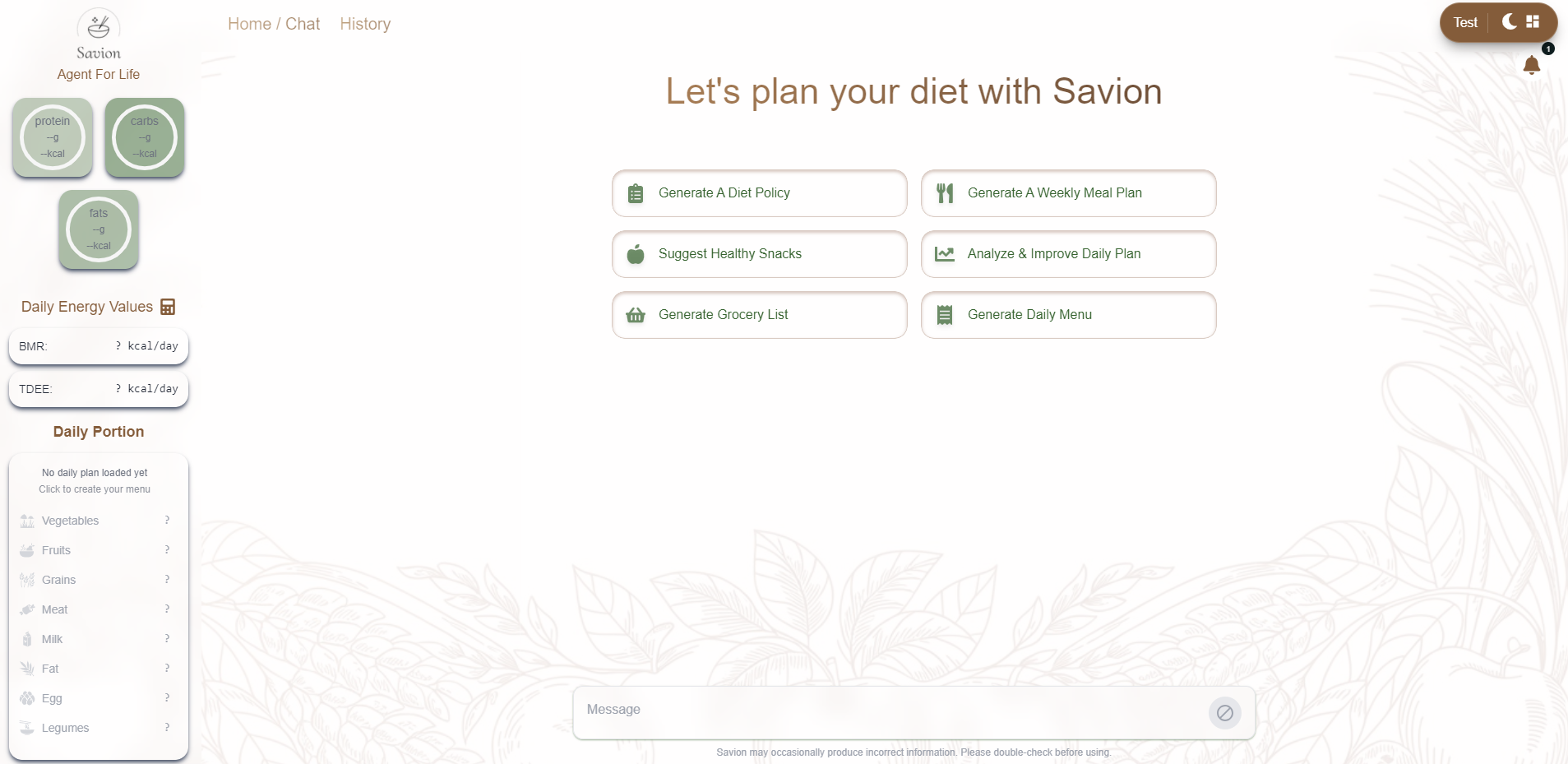 Savion diet planning interface